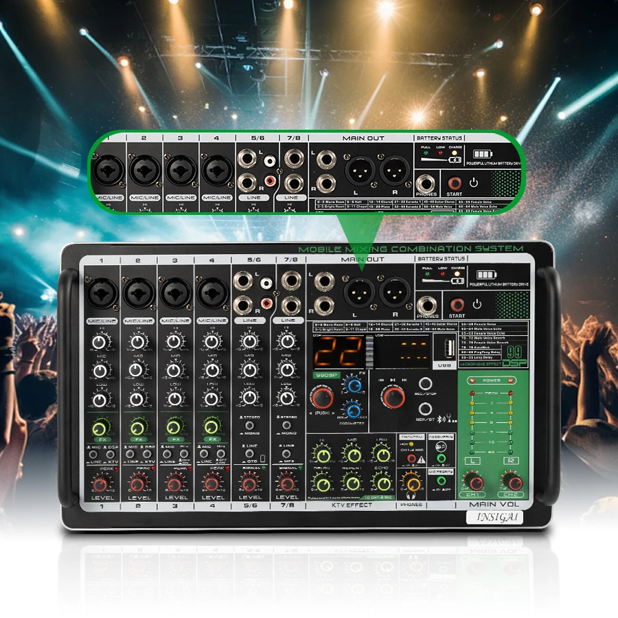 18000 mAh Battery Powered 8 Channels Mixing Console USB Computer Record Play Sound Desk Live Broadcast Karaoke DJ Audio Mixer