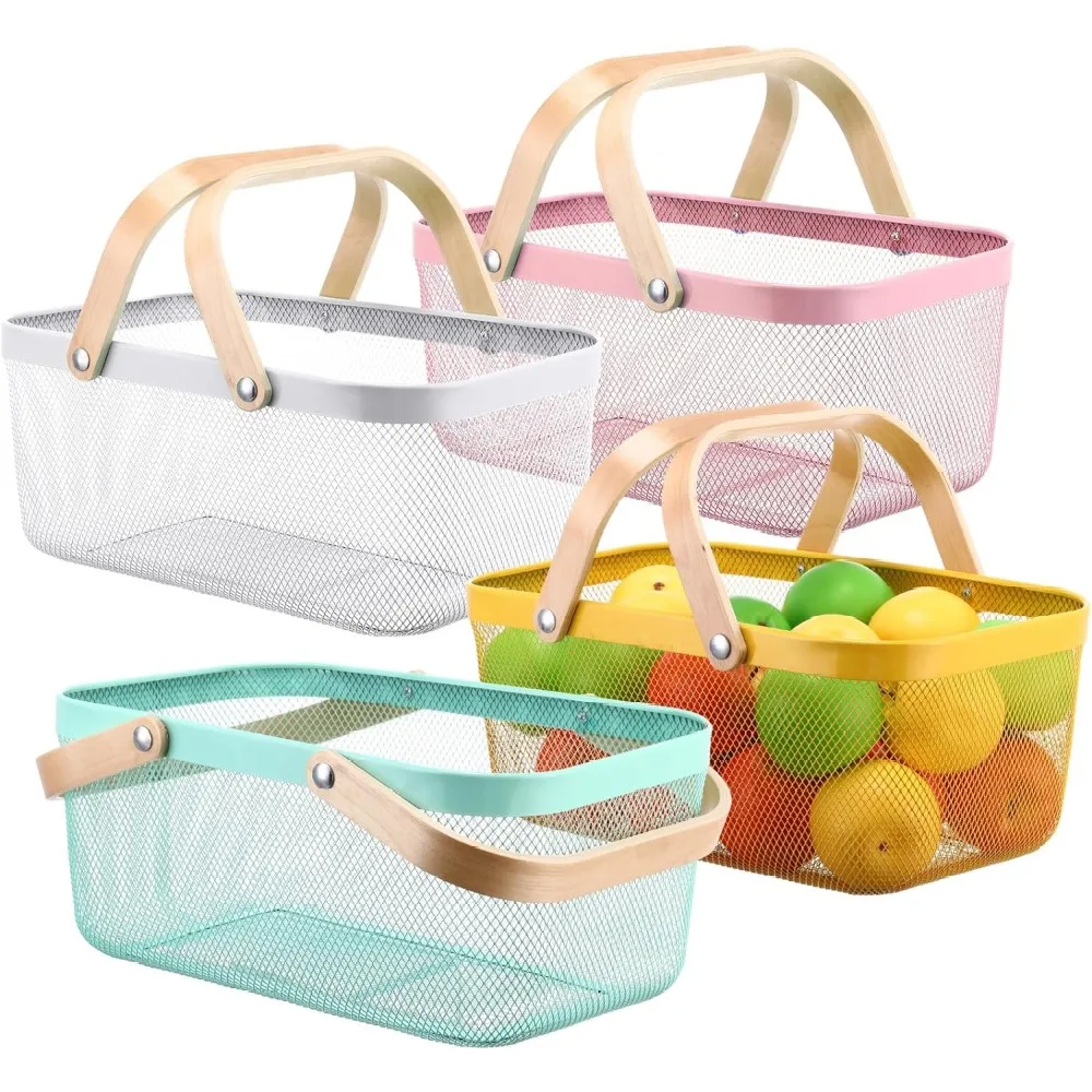 Mesh Metal Wire Picnic Baskets with Bamboo Handle for Home Bread Vegetable Fruit Gift Storage or Shopping