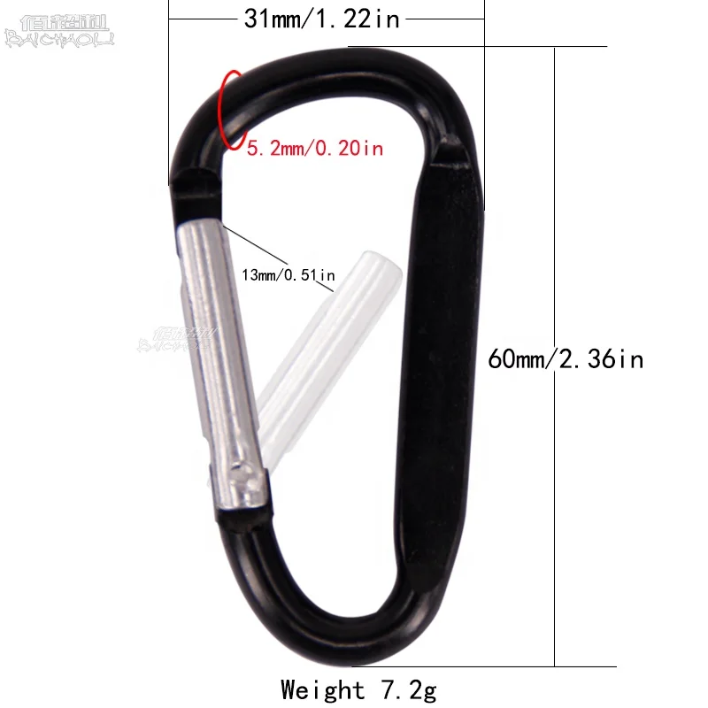 baichao 6# D SHAPED 5.2 60mm*31mm*5.2mm  flat promotional keychains lightweight carabiner Metal hook clip Customizable logo