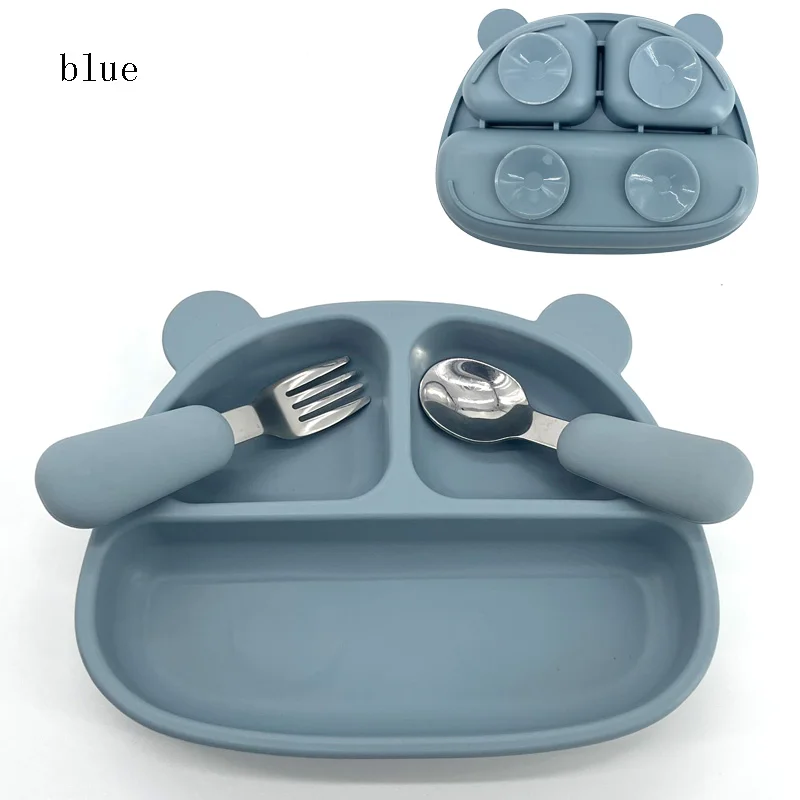 BPA-Free Food Grade Silicone Baby Plate in Animal Shape with Spoon Fork Straw for Kids