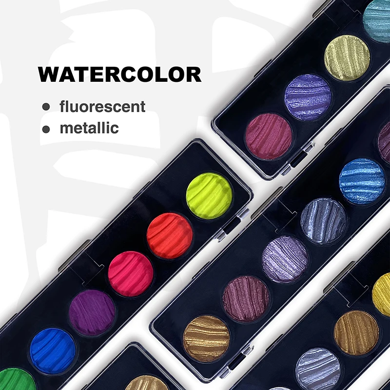 Professional shimmery Colors Metallic Water Color Paint Artist Glitter Solid Watercolors palette set with 1 Water Brush