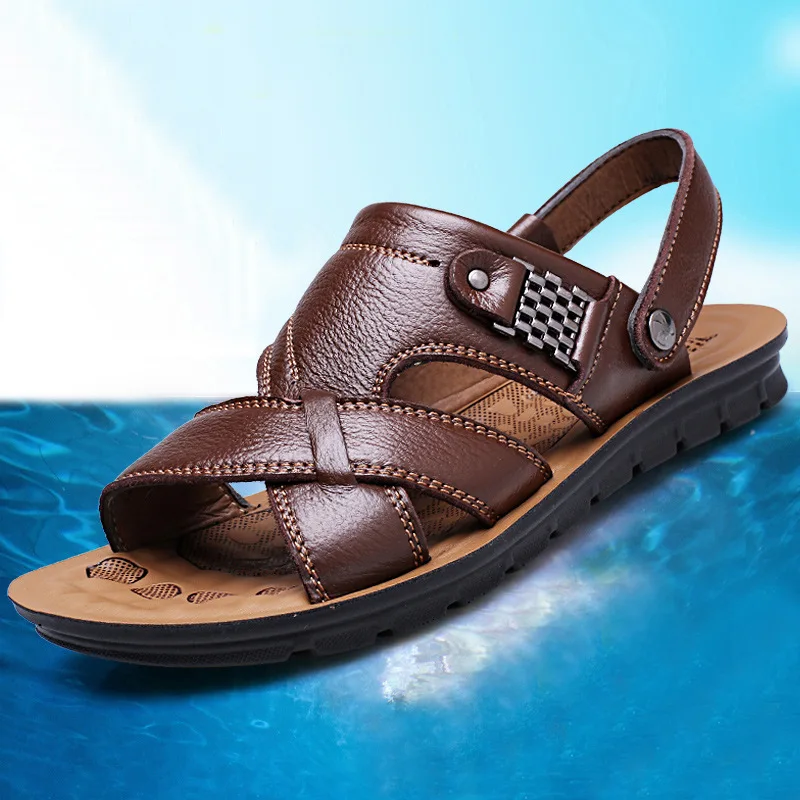 High quality new style comfortable genuine leather beach outdoor slides slipper sandals for men