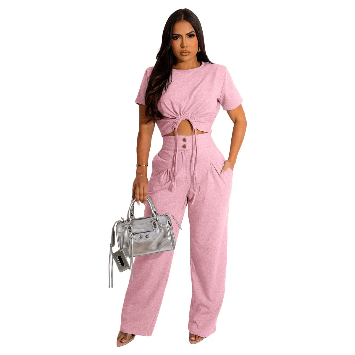 Autumn 2023 women clothes 2 Piece Sets Round Neck Crop Tops High Waist loose Casual Pants Long Pants For Women