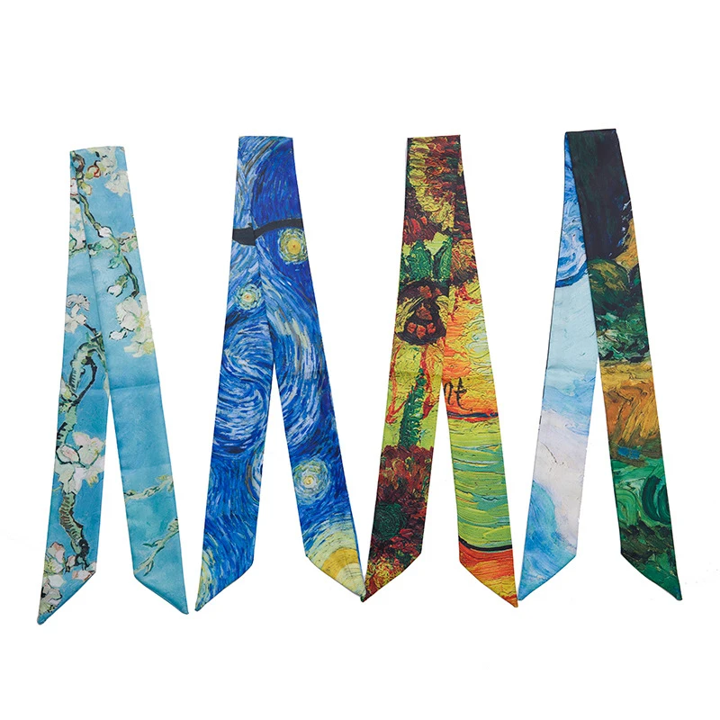 Factory Ladies Silk Neck Scarf Fashion Van Gogh Painting Printing Twill Long Hair Narrow Silk Ribbon Satin Scarf