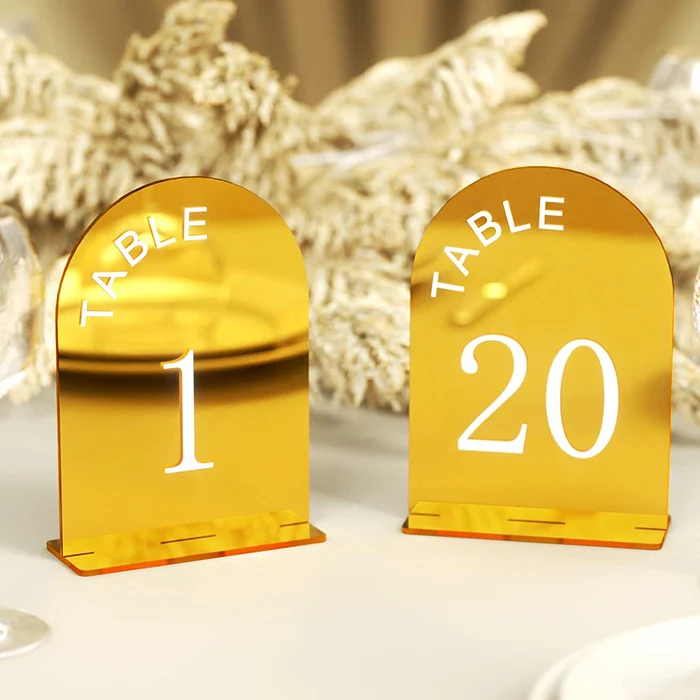 Custom Arch Shaped Gold Mirror Acrylic Wedding Table Number With Base Acrylic Table Numbers For Engagement