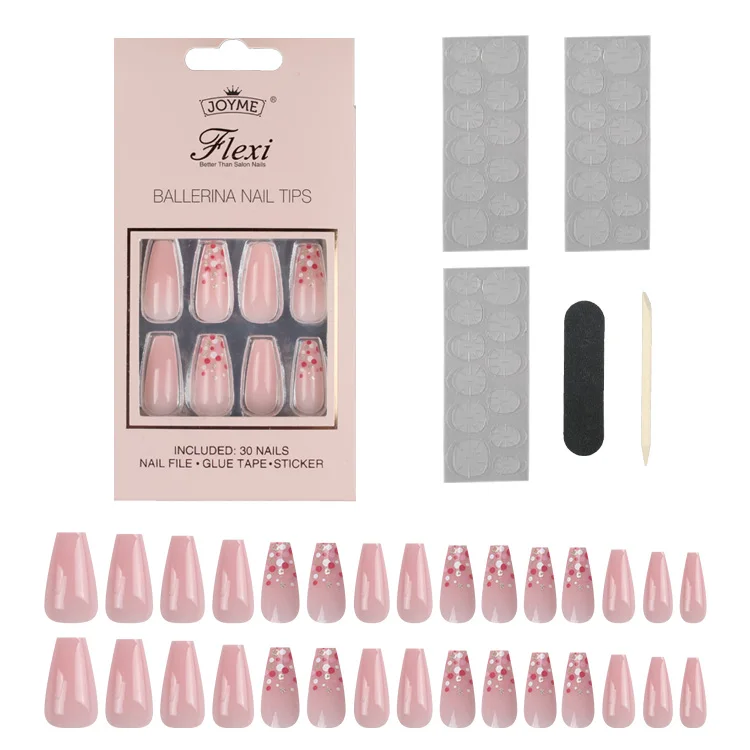 NEWAIR cheap price medium ballerina coffin pink false nail tip round dot glitter press on nail artificial fingernail