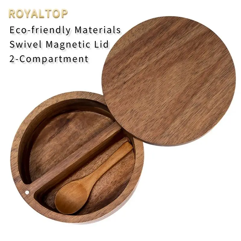 Kitchen Gift Set Wooden Spice Jar Eco-Friendly Salt Cellar 2 Compartment Acacia Wood Spice Box with Magnetic Swivel Lid