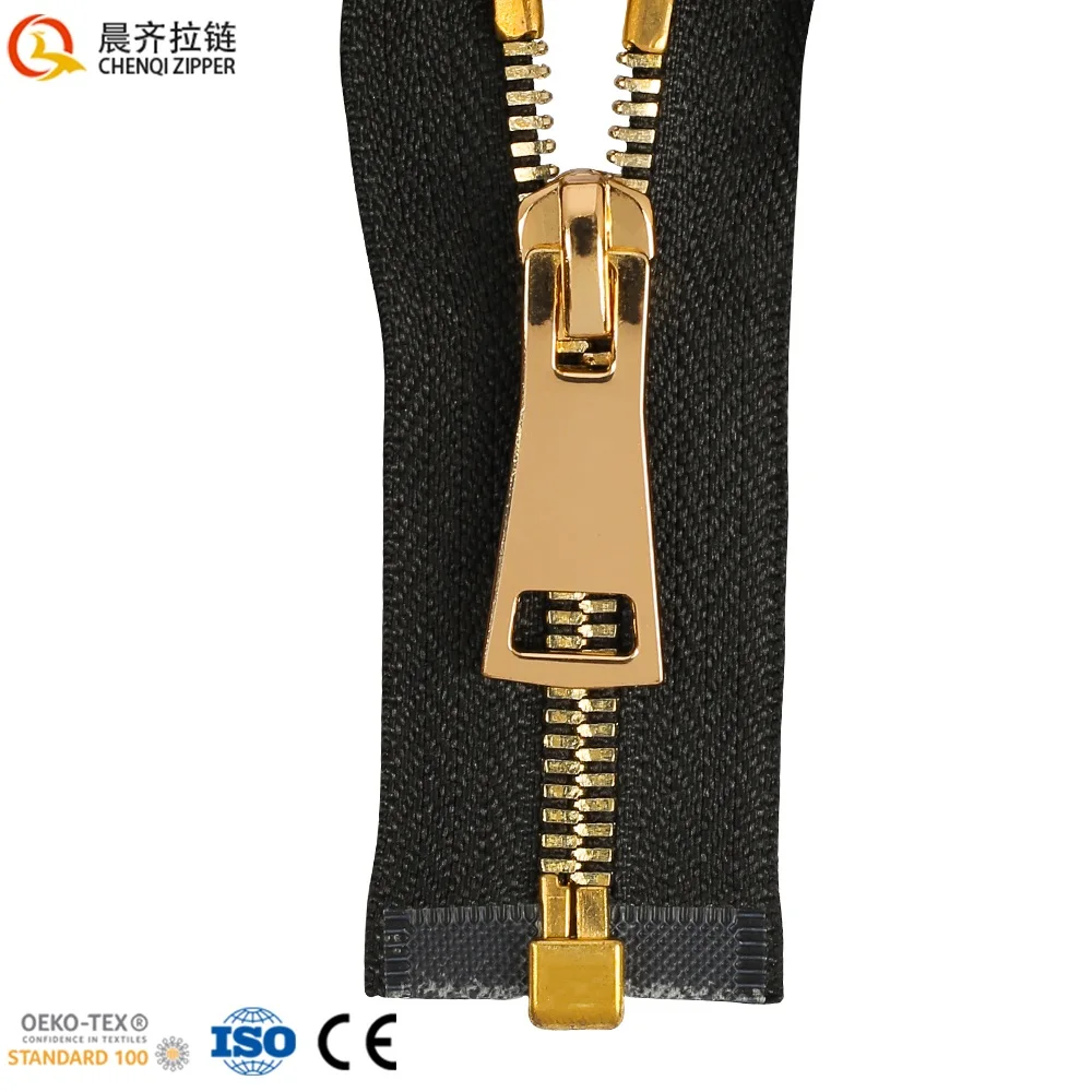 Good Quality Custom Logo 5# Double Point Golden Teeth Metal Zipper Open End Black Tape Copper Metal Zipper For Clothes Jackets