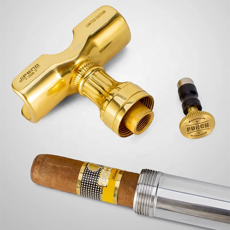 JIFENG JF-GEF002 304 stainless steel  brass metal multi-functional climber stick golf cigar holder with punch, lighter, tube
