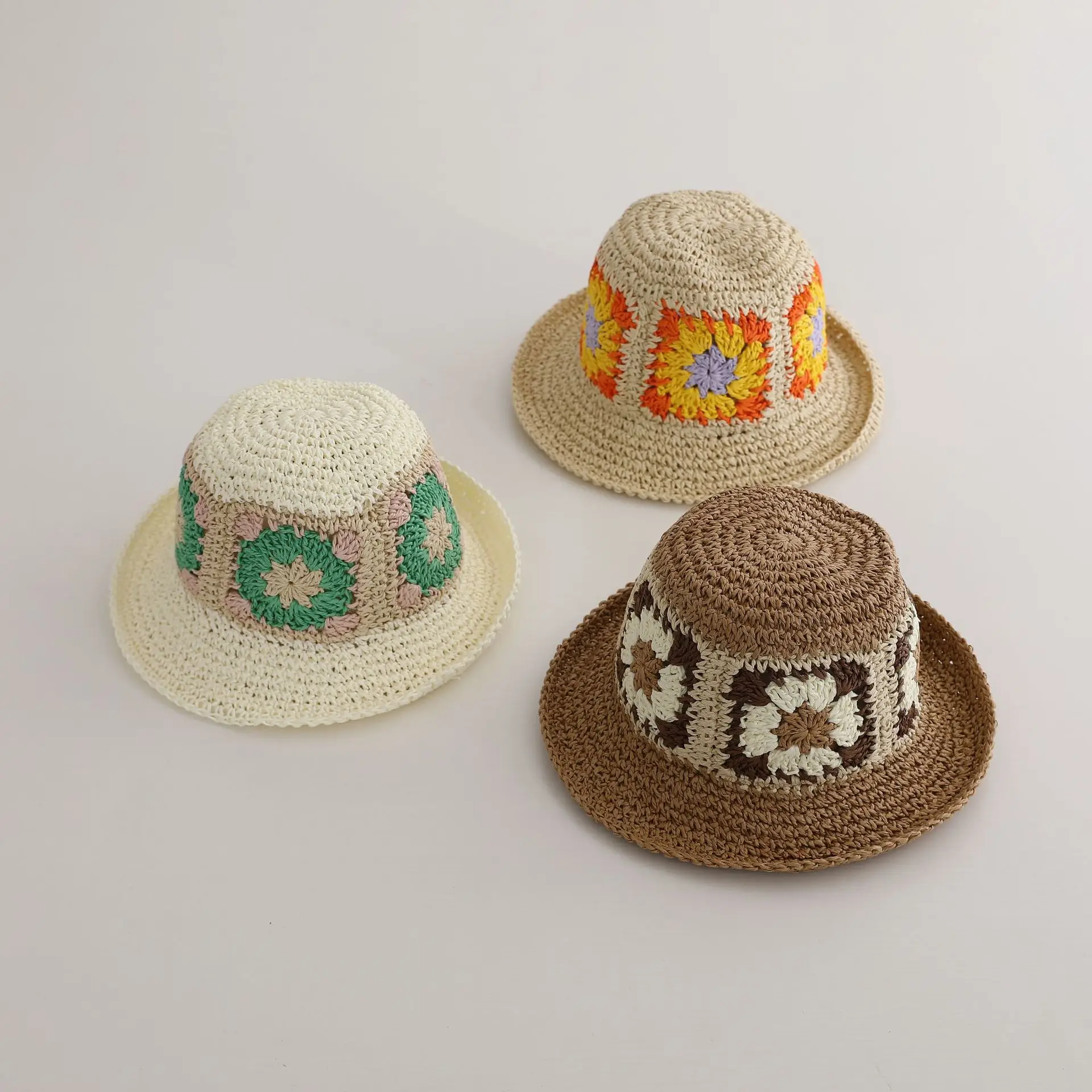 2024 New Summer Beach Vacation Children Sun Hat Simple Knitted Colorful Sunflower Beach Hat