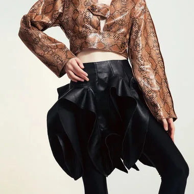 A3470 Black irregular pleated short mini skirt synthetic leather skirt