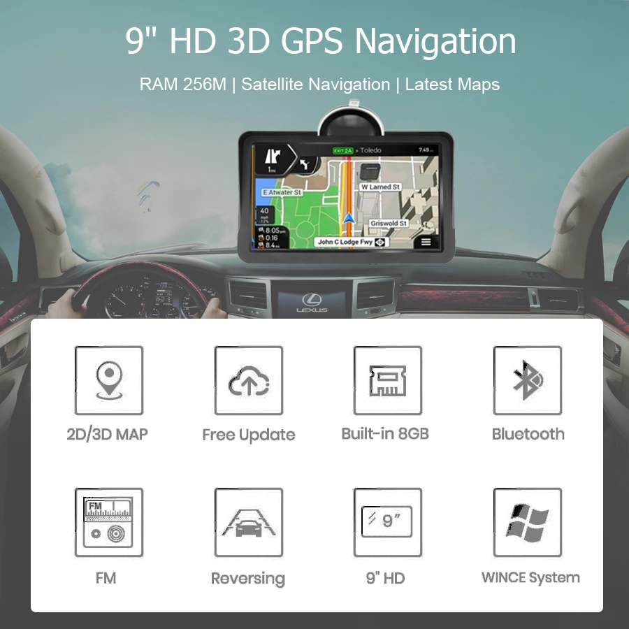Car GPS Navigation 9 inch BT AVIN Navitel 2022 Europe America Map Sat Nav Truck gps Navigators FM Touch Screen