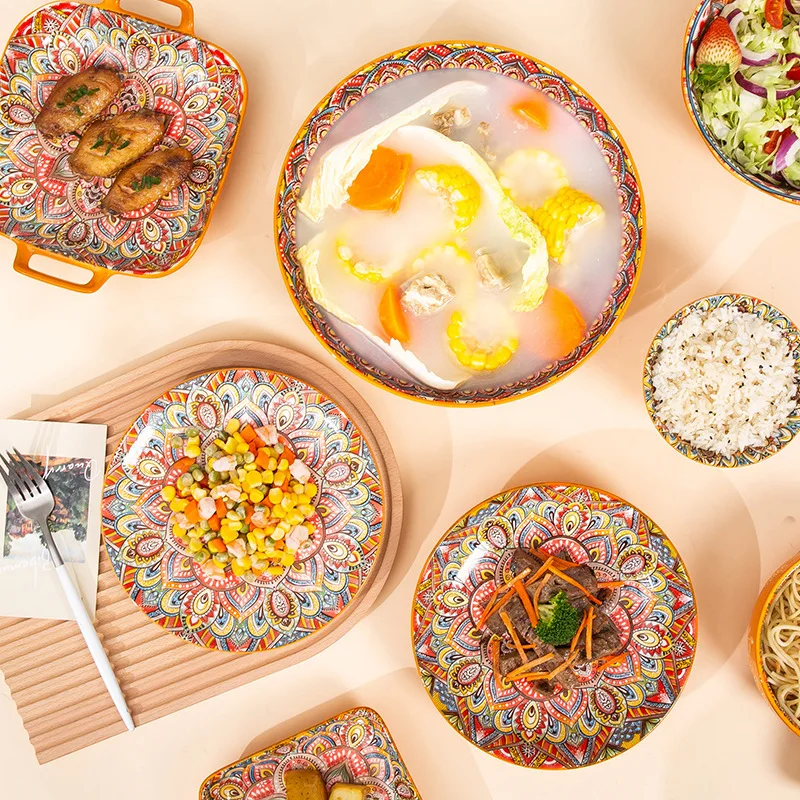 Sustainable Bohemian Ceramic Dinnerware Set Assorted Dishes Household Baking Tray With Plant Pattern Environmentally Stocked