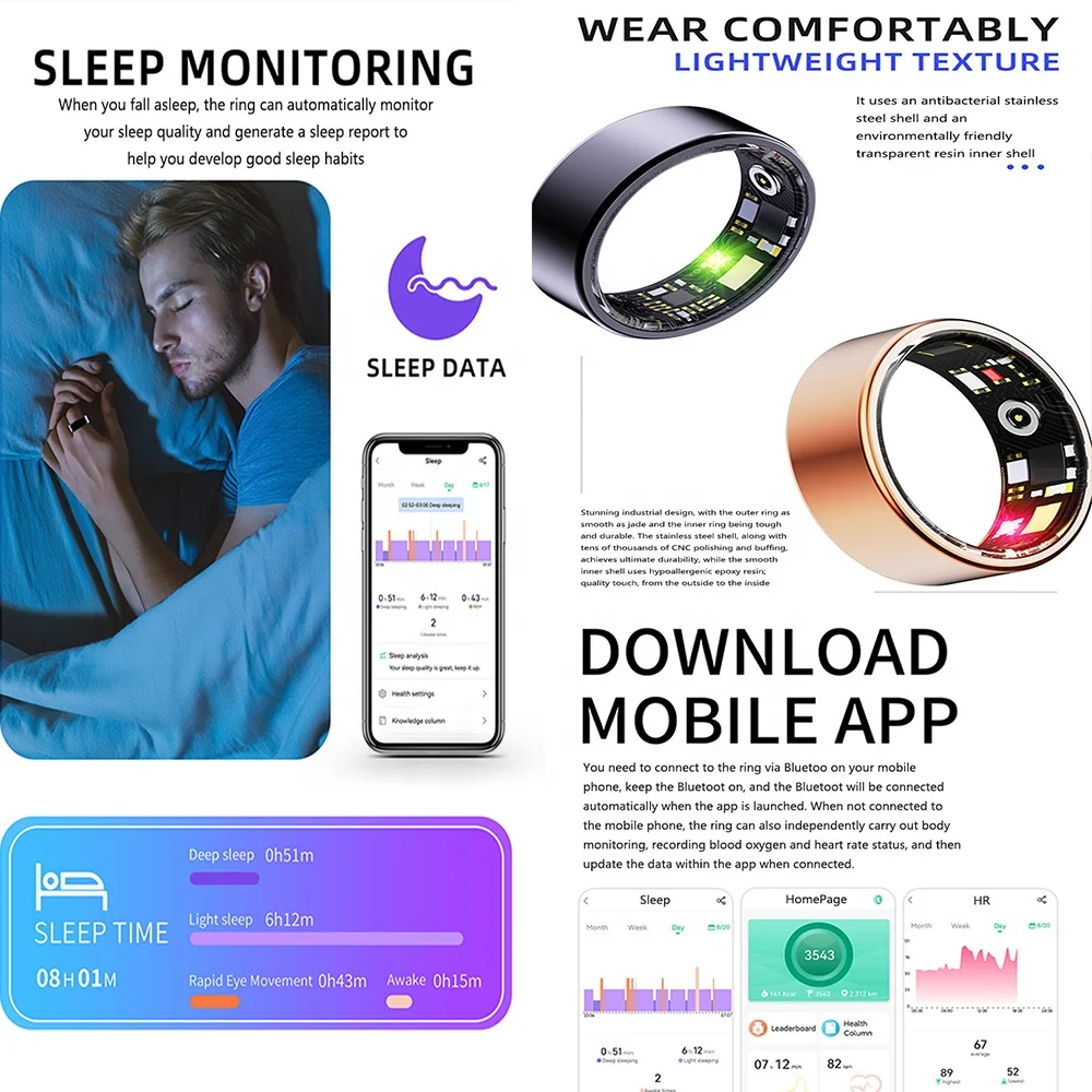 Vanssa OEM ODM Fashion Gifts 24 hour Heart Rate Blood Oxygen Sleep Monitor Strong Battery Life R11M Smart Ring