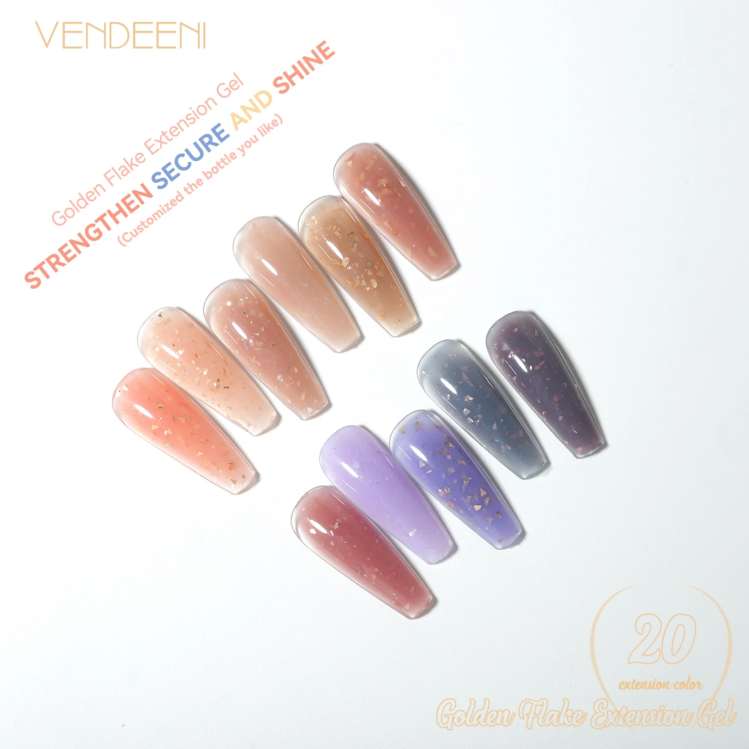 Vendeeni gold flake gel for nail extension 20 colors poly gel nail kit hema free gel builder for nails low moq wholesale