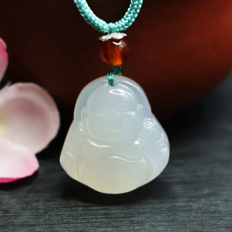 Китайская имитация нефрита ожерелье натуральный белый халцедон Агат Будда ювелирные изделия смеется Майтрейя Подвески Нефритовое