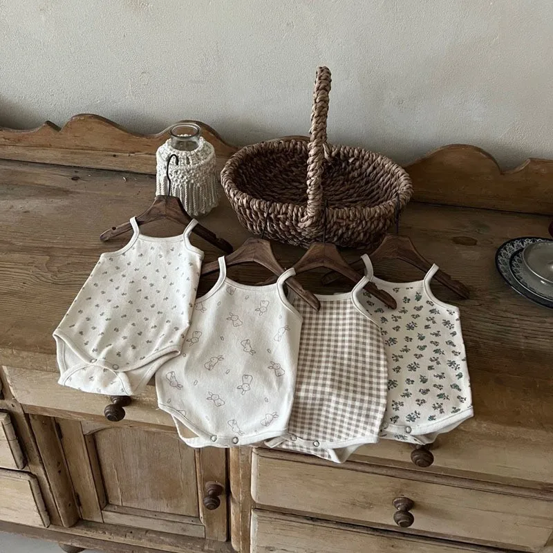 New arrival kids summer korean style simple cotton printed tank tops home baby infants toddlers jumpsuits romper