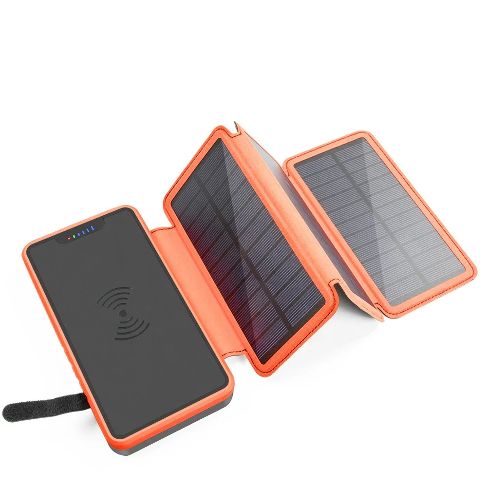 Solar Power Bank 20000mAh  with 4W 3 Folding Solar Panels USB and Wireless charger LED Flashlight For Camping and Travel