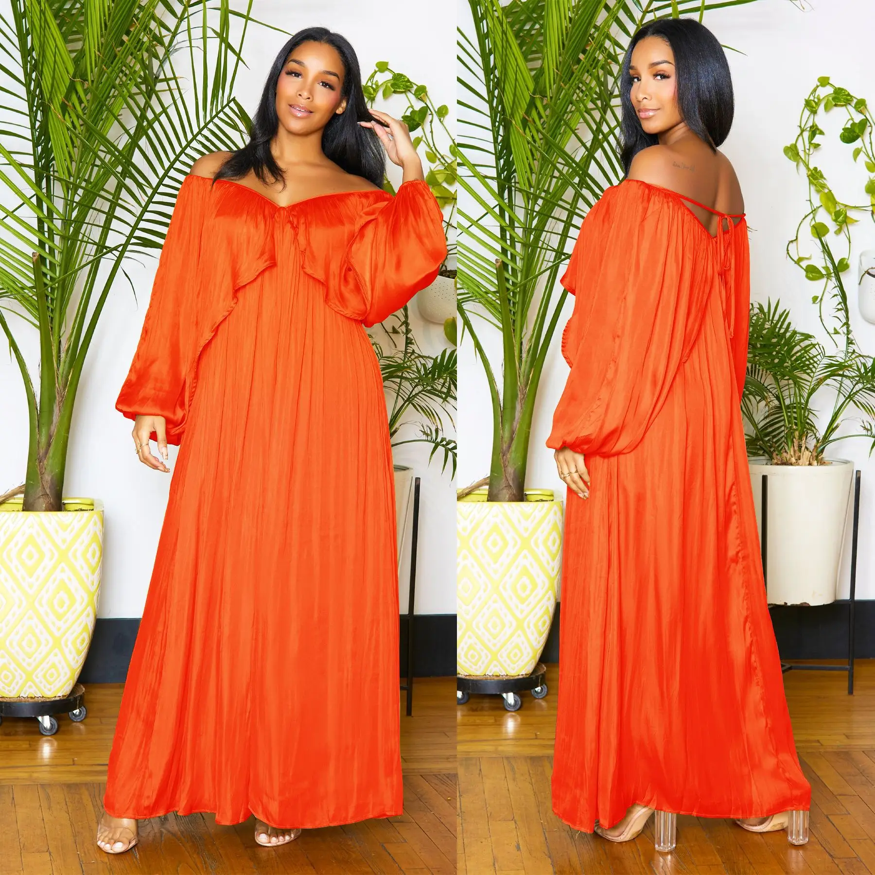 2023 Summer plus size African Chiffon dresses Loose Elegant Long Dress for women High Waist Bat Sleeves Sexy Dresses