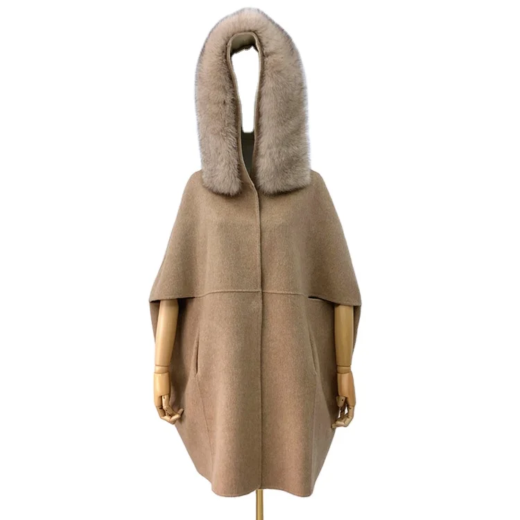 China Manufacturer Winter Women Cashmere Warm Poncho Oversize Long Wool Coats With Genuine Fox Fur