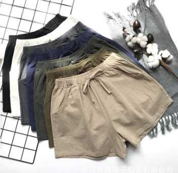 Однотонные Женские повседневные льняные хлопковые шорты, свободные тонкие летние популярные брюки с широкими штанинами для отдыха