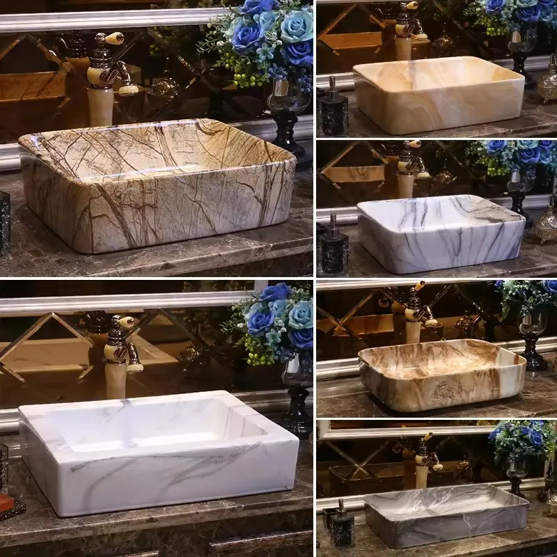 European Rectangle Bathroom Basin Marble Design Wash Basin Above Counter Wash Basin Ceramic Art Hand Washing Sink