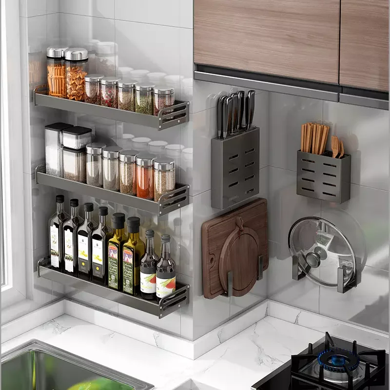 Kitchen Shelving Wall-mounted Hole-free Household Seasoning Supplies Complete Tool Rest Rack Multi-functional Storage Rack