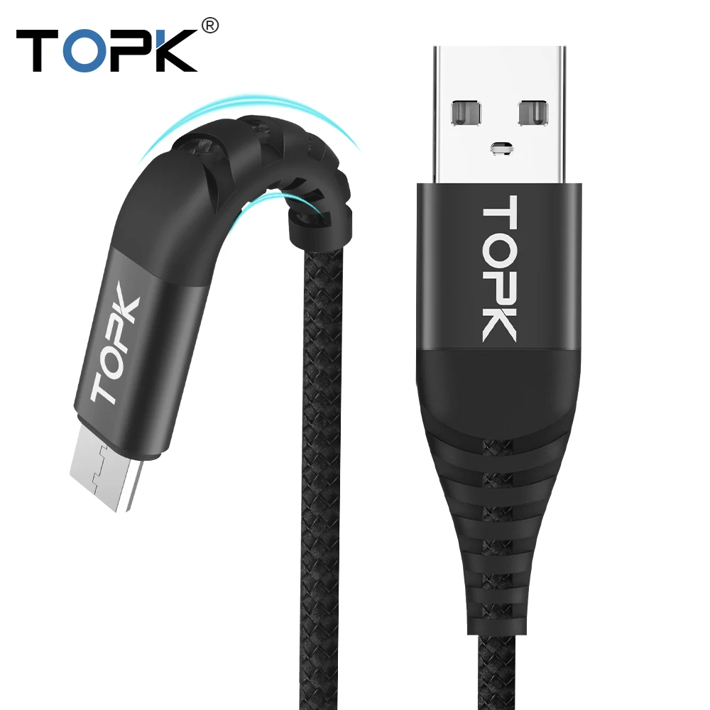  TOPK 3A высококачественный нейлоновый плетеный кабель для быстрой зарядки телефона Micro USB Type