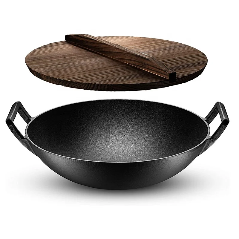 Factory Oem pre-seasoned cooker with wooden handles cast iron Chinese woks