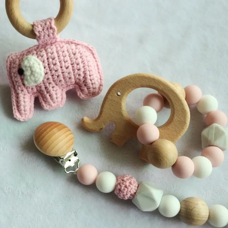 MU Pink Gray Elephant BPA Free Baby Rattles And Silicone Teether Chain Sensory Educational Toy Set