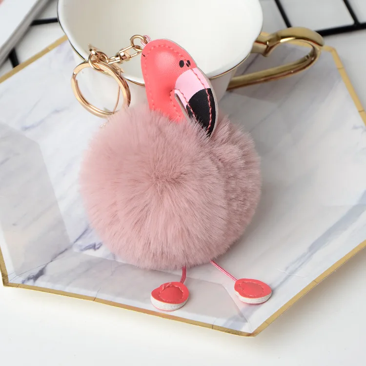
Lovely Fluffy Artificial Plush Fur Ball Key Chain Animal Bird Women Car Bag Key Ring Custom Pompom Flamingo Keychain 