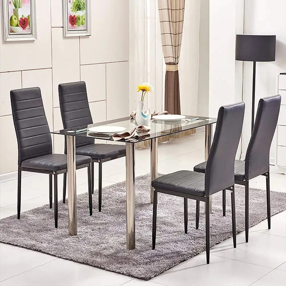 Dining Room Furniture Luxury Style Chromed Metal Leg Round Glass Top Dining Table Set