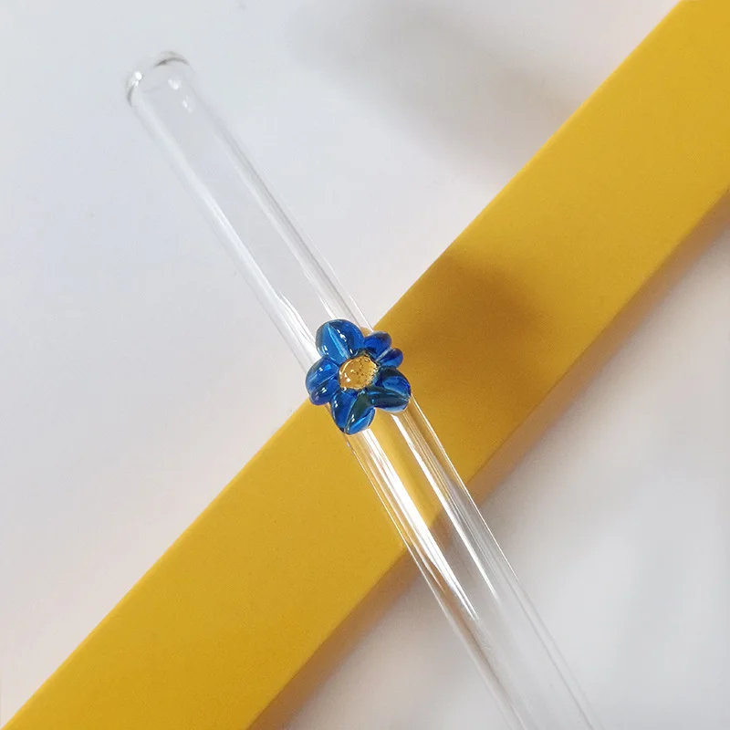 Custom Flower Straight Bent Borosilicate Glass Tube Drinking Reusable Straws for Party Favors Bar