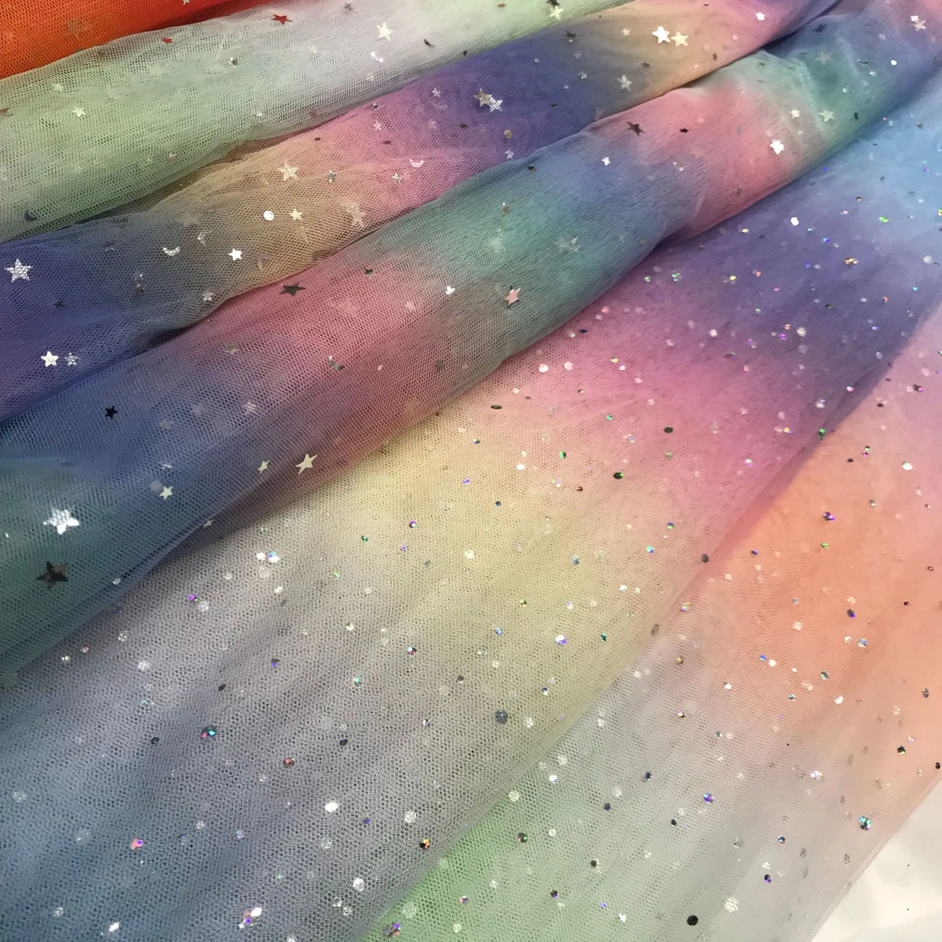 
Sequin rainbow tulle colorful mesh tulle rolls for girl skirt 