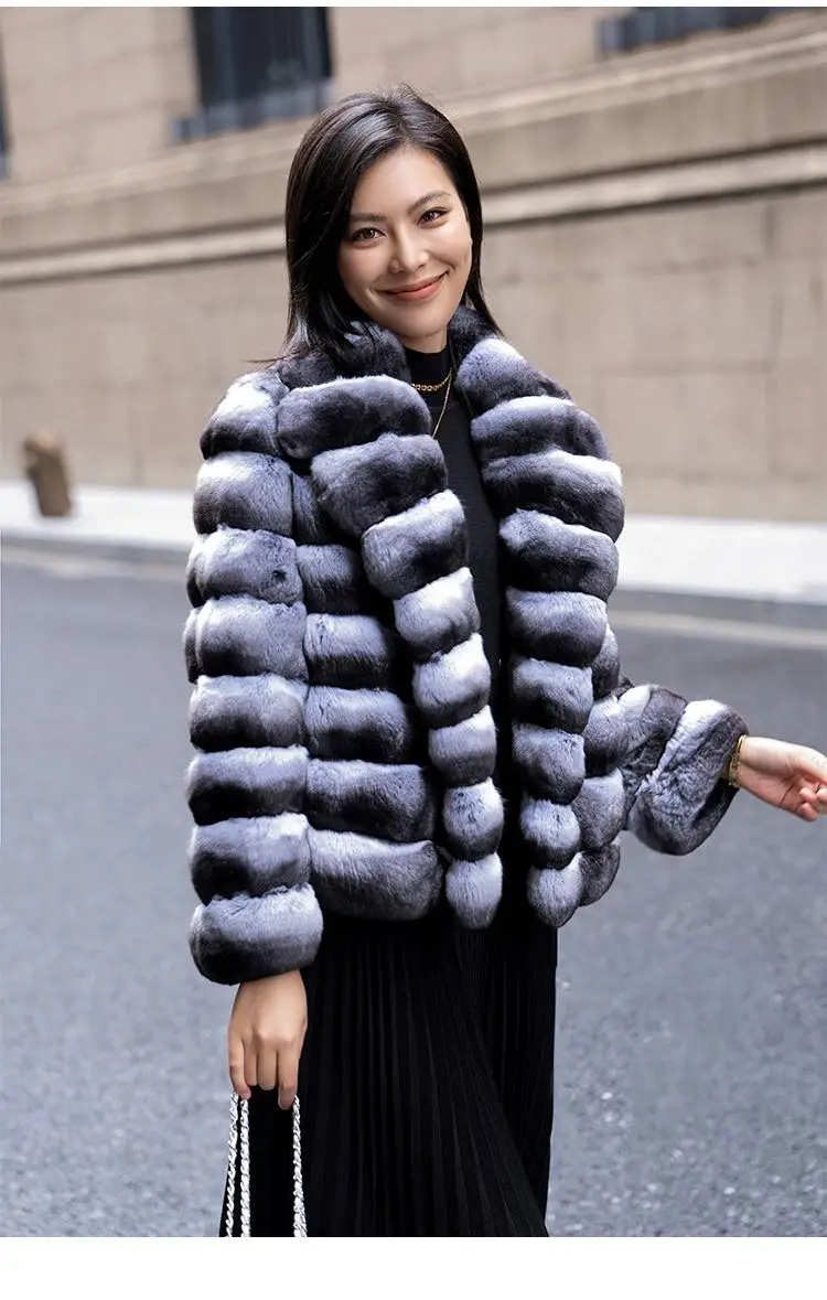 Factory Direct sales High Quality Chinchilla Color Genuine Chinchilla Skin Women Ladies Winter Fluffy Genuine Rabbit Fur Coats