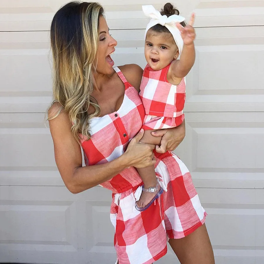 
suspender plaid jumpsuit matching clothing mother and daughter family clothes for kid and parent mommy and me outfits 