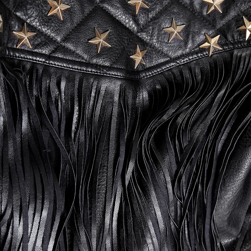 Star Studded Black Moto Turn-Down Collar Short Rivets Ladies Wholesale Punk Zipper Tassel Women Pu Jacket