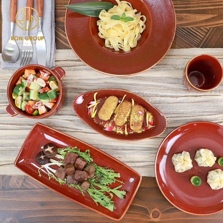 High Quality Chip Proof Porcelain Plates Red Color Tableware Set Practical Ceramic Dinner Dishes for Restaurant