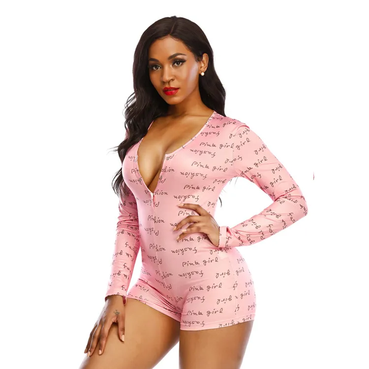 
H1030 Wholesale Custom Nightwear Pajama Adult Bodysuit Pattern Print Sleepwear For Women 