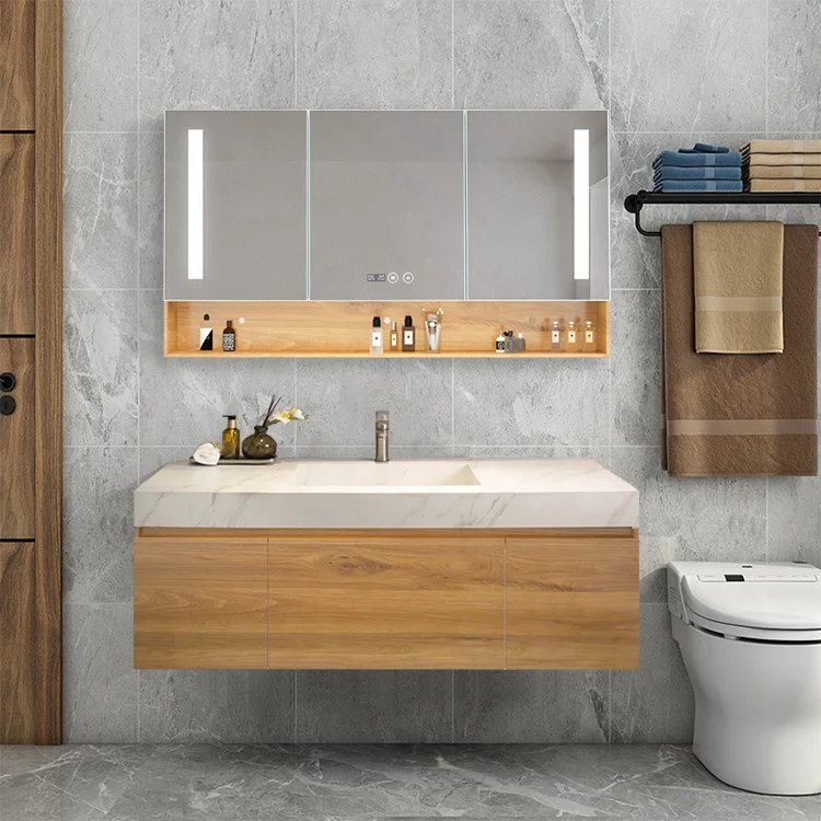 Luxury elegant style bathroom cabinets wash basin sink with intelligent LED lights mirror