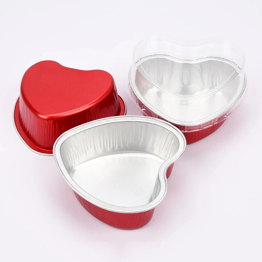 Disposable Heart Shaped Cake Pan Colorful Aluminum Foil Baking Mold Cupcake Pudding Cups with Plastic Dome Lid