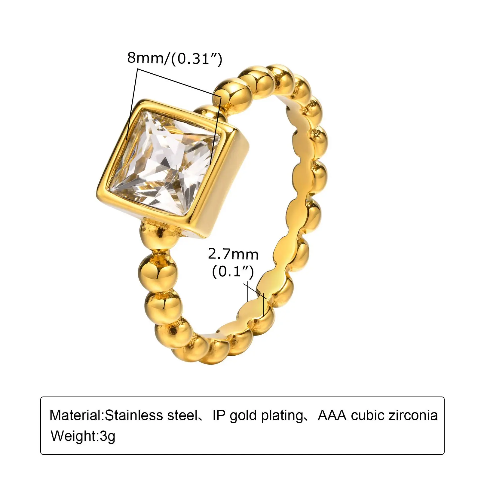 Big Square Diamond Ring 18k Gold Plating Cubic Zircon Stainless Steel Jewelry rings