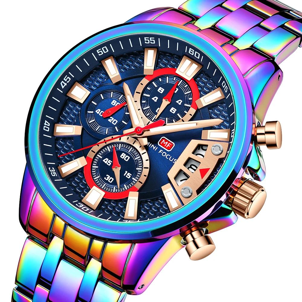Relojes Hombre Mini Focus MF0352G Rainbow Color Fashion Men Wrist Watches Waterproof Chronograph Quartz Hip Hop Watch