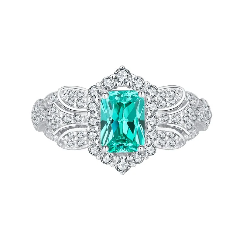 Stone green tourmaline square ring S925 silver 5A zirconium 3 carat main stone 5*7 wedding gift luxury jewelry wholesale