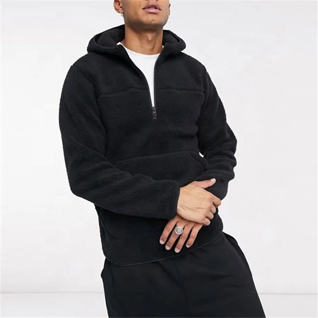 QIANHUI Best Seller Latest Men Plain Custom Logo Hoodie Fixed Hood Half Zip Winter Fleece Teddy Hoodie for Man