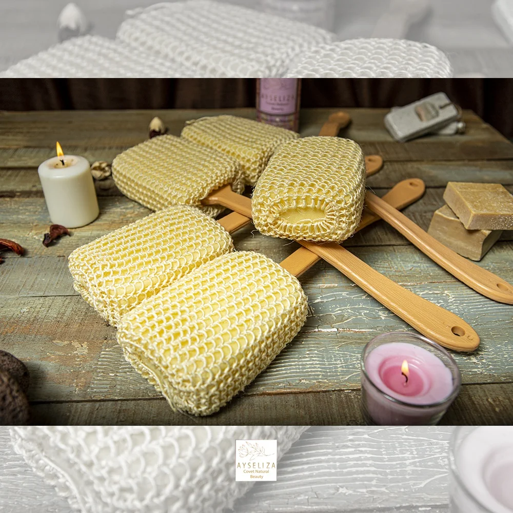 Turkish Sisal Bath Sponge With Long Handle Back Scrubber Quality Hemp Loofah All Natural Bath Sponge