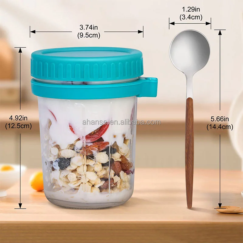 Popular Hot Sale Empty 350ml Glass Overnight Oats Container Glass Mason Jar Yogurt Oatmeal Jars with Lid
