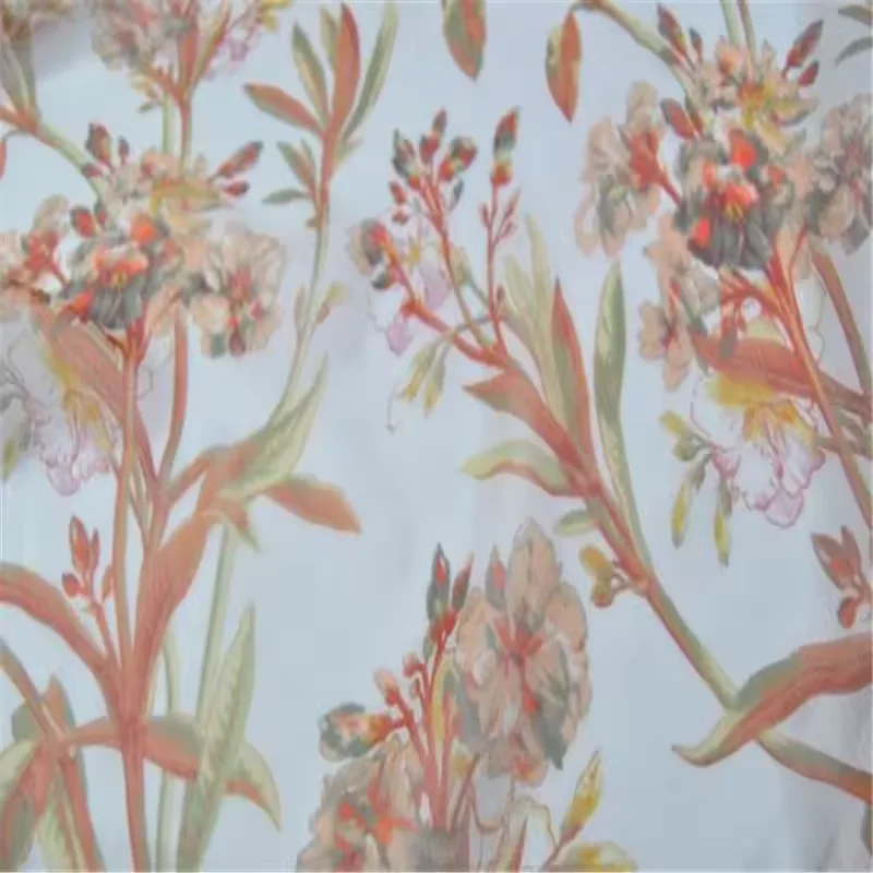 Flower Printing Beige Ground Soft Light Thin Pure Silk Crinkle Georgette Fabric for Girl Breathable Spring Girl Dress