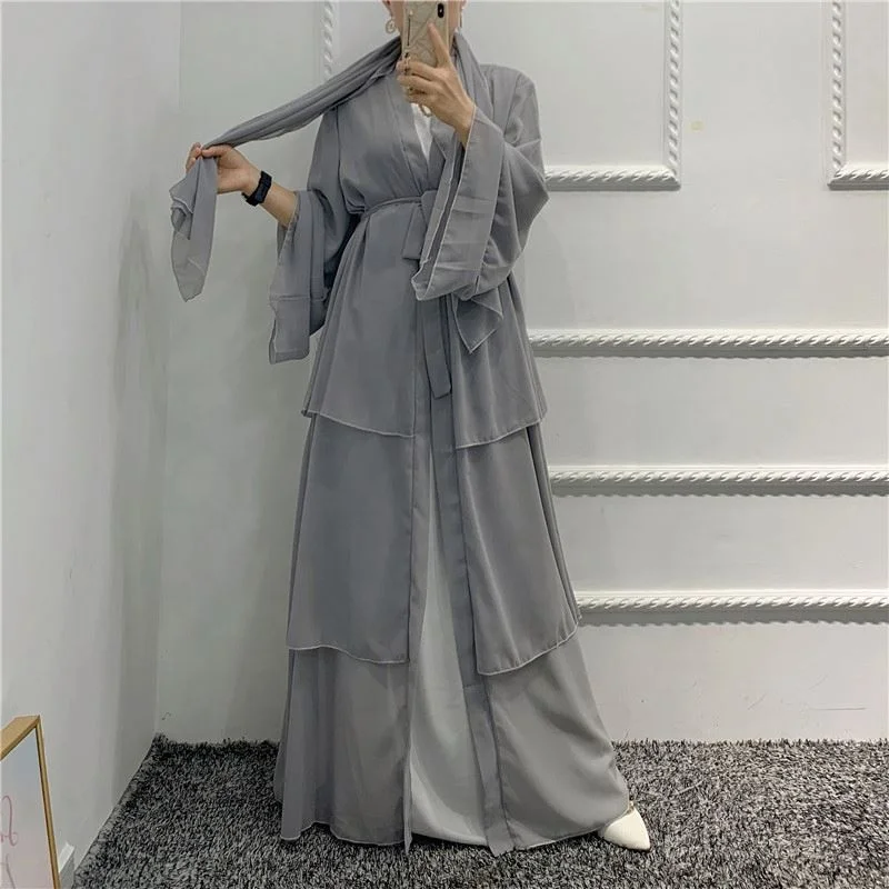 2022 New Arab Dubai 3 Layers Open Abaya Islamic Dresses Dubai Muslim Abaya Modern Islamic Front Open 3 Layers Abaya