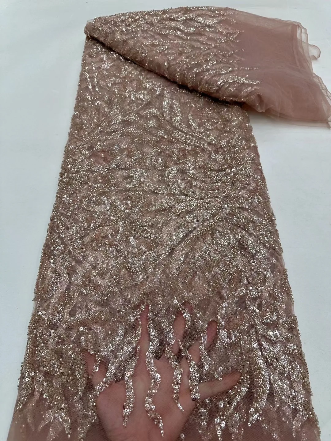 NI.AI Luxury Leaf-Shaped Beaded Net Lace High Quality Embroidered Sequins Lace Fabric with Pearls for Wedding Dress Materials